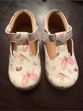 Girls White Butterfly T-Strap Dress Shoes with Pink Accents